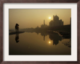 Stray Dog on a Sand Bank of the Yamuna River as the Sun is Seen Rising over the Taj Mahal in India Framed Photographic Print