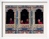 Buddhist Monks Look Through the Windows into the Courtyard of the Tango Monestary Near Thimphu Framed Photographic Print