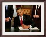 President Barack Obama Signs His First Act as President in the President's Room, January 20, 2009 Framed Photographic Print