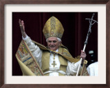 Pope Benedict XVI Waves to Pilgrims and Faithful fromSt. Peter's Basilica at the Vatican Framed Photographic Print