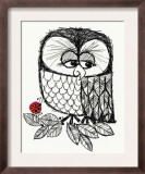 Retro Black and White Owl with Ladybug Posters
