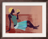 Woman Holding Yellow Flower Lying on Quilt Posters