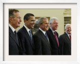 George W. Bush with Barack Obama and Former Presidents Bush, Clinton and Carter in Oval Office Framed Photographic Print