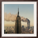 Twin Towers of the World Trade Center Burn Behind the Empire State Buildiing, September 11, 2001 Framed Photographic Print