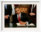 President Barack Obama Signs His First Act as President in the President's Room, January 20, 2009 Framed Photographic Print