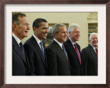 George W. Bush with Barack Obama and Former Presidents Bush, Clinton and Carter in Oval Office Framed Photographic Print