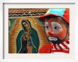 Young Clown, "Bolillito," Stands Next to an Image of the Virgin of Guadalupe in Mexico City Framed Photographic Print