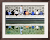 With the Water Reflection, a Muslim Man Walks Past Others Offering the Friday Prayer at a Mosque Framed Photographic Print
