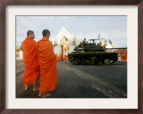 Thai Monks Watch as Soldiers Guard an Area Near Crucial Government Buildings Bangkok, Thailand Framed Photographic Print