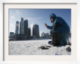 Fishing on Moscow River with City Skyscrapers under Construction in Background, in Downtown Moscow Framed Photographic Print