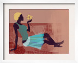 Woman Holding Yellow Flower Lying on Quilt Posters