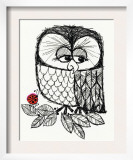 Retro Black and White Owl with Ladybug Posters