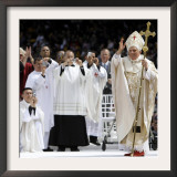 Pope Benedict XVI Acknowledges the Crowd as He Arrives for a Mass Framed Photographic Print