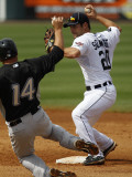 Toronto Blue Jays v Detroit Tigers, LAKELAND, FL - MARCH 01: Scott Sizemore and Ryan Buddy Photographic Print by Leon Halip