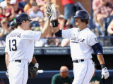 Oakland Athletics v San Diego Padres, PEORIA, AZ - MARCH 06: Jorge Cantu and Chris Denorfia Photographic Print by Christian Petersen