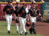 Chicago Cubs v San Francisco Giants, SCOTTSDALE, AZ - MARCH 01: Tim Lincecum and Buster Posey Photographic Print by Christian Petersen