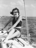 Woman in Swimsuit, on Sailing Boat, Holding Rope, Smiling Photographic Print by H. Armstrong Roberts