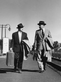Two Men Walking, Carrying Luggage, Briefcase and Coats Photographic Print