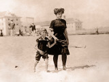 Mother and Son (6-8) Walking on Beach Photographic Print