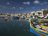 Harbor and Traditional Luzzu Fishing Boats, Marsaxlokk, Malta Photographic Print by Walter Bibikow