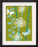Green and Blue Color Print with Flowers and Butterfly Art