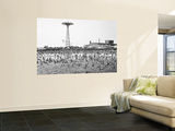 Bathers Enjoying Coney Island Beaches. Parachute Ride and Steeplechase Park Visible in the Rear Wall Mural by Margaret Bourke-White