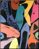 Damenschuhe, 1980 (lila, blau, grün) Druck aufgezogen auf Holzplatte von Andy Warhol
