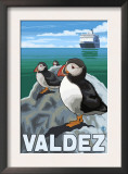 Puffins & Cruise Ship, Valdez, Alaska Art by Lantern Press 