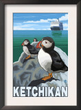 Puffins & Cruise Ship, Ketchikan, Alaska Print by Lantern Press 