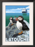 Puffins & Cruise Ship, Latouche, Alaska Poster by Lantern Press 