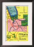 Ithaca, New York - Detailed Map Postcard of Ithaca and Nearby Points of Interest Poster