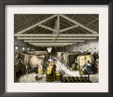 Farm Women Pouring Milk Into a Churn in Dairy Barn Prints
