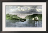 Henry Hudson's Ship, Half Moon, Meets Native Americans in the Hudson River Highlands, c.1609 Print