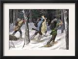 Native American Trappers Carrying Furs on Snowshoes in a Forest of the Pacific Northwest Prints