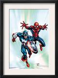 Marvel Age Team Up 2 Cover: Spider-Man and Captain America Fighting and Flying Prints by Randy Green
