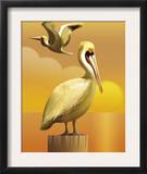 A View of Two Pelicans, One Standing on a Post and One Flying Print