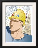 Man Wearing Hard Hat in Front of a Factory, "USA", Grouped Elements Prints