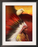 A Middle-Aged Adult Native American Male Wearing a Headdress with a Bald Eagle Flying Overhead Poster