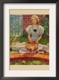Woman Embroiders By The Side of a Home Pond Print