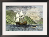 Henry Hudson's Ship, Half-Moon, Ascending the Hudson River, c.1609 Posters