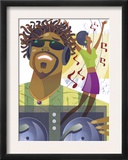 An Abstract of a African-American Male Hip-Hop DJ Holding a Turntable with Musical Notes Prints