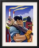 Man Holding Wrench in Front of Factory, Labor Day Posters