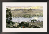 Pyramids at Gizeh, with Dhows on the Nile River in Egypt Posters