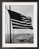 Airplane on Battleship Deck with American Flag in Foreground, World War II Poster