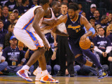 Denver Nuggets v Oklahoma City Thunder - Game Five, Oklahoma City, OK - APRIL 27: Nene Hilario and  Fotografie-Druck von Dilip Vishwanat