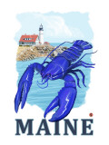 Blue Lobster & Portland Lighthouse - Maine Poster