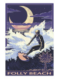 Folly Beach, SC - Sufer with Palmetto Moon Poster