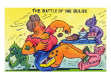 Comic Cartoon - The Battle of the Bulge; Woman Eating Snacks Prints