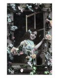 Paris, France - Little Girl at Window with Flowers Póster Paris, France - Little Girl at Window with Flowers Póster