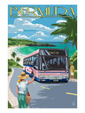Bermuda - Pink Bus on Coastline Prints